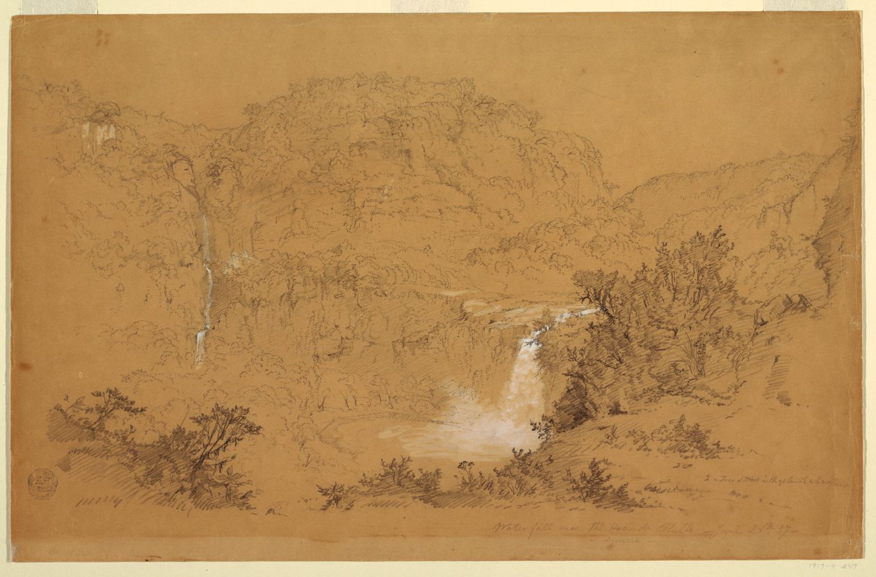 Rysunek, wodospady w pobliżu hacjendy, Chillo, Ekwador, 26 czerwca 1857 r. autorstwa Frederic Edwin Church
