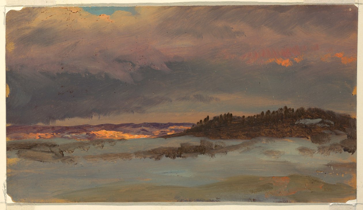 Rysunek, Zimowy krajobraz z Błękitnym Wzgórzem o zachodzie słońca, Hudson, Nowy Jork, 1870-75 autorstwa Frederic Edwin Church