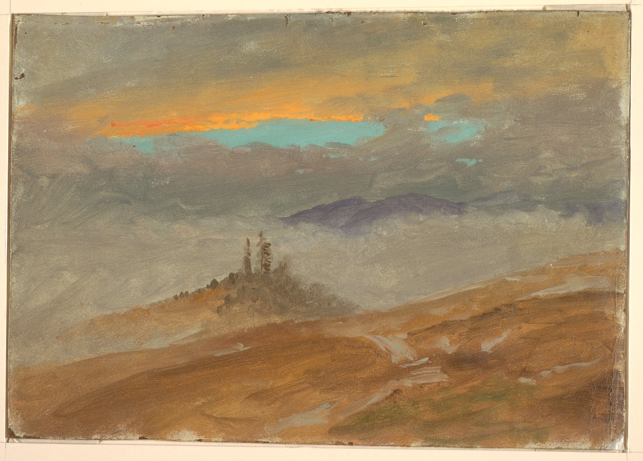 Rysunek, Pejzaż zimowy, widok na wzgórze Zuarry, zmierzch, 1850-60 autorstwa Frederic Edwin Church