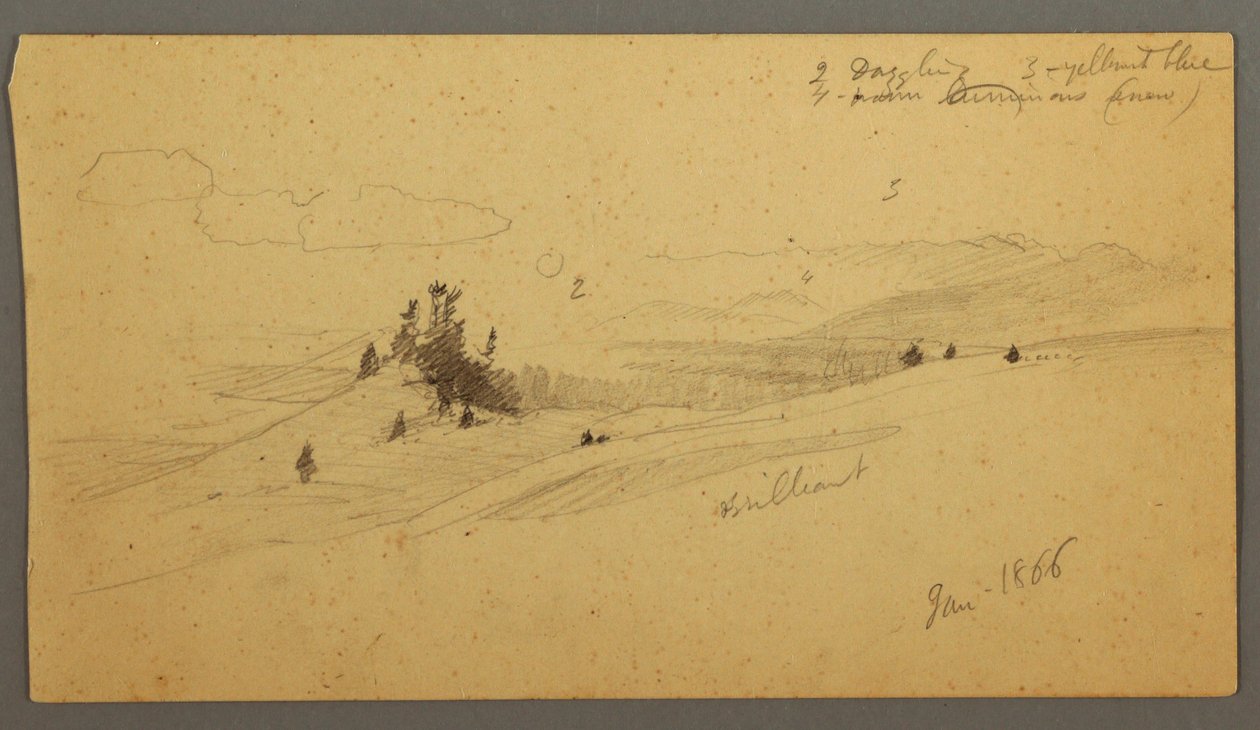 Rysunek, zalesione wzgórze, pagórkowata dolina, słońce, styczeń 1866 r. autorstwa Frederic Edwin Church