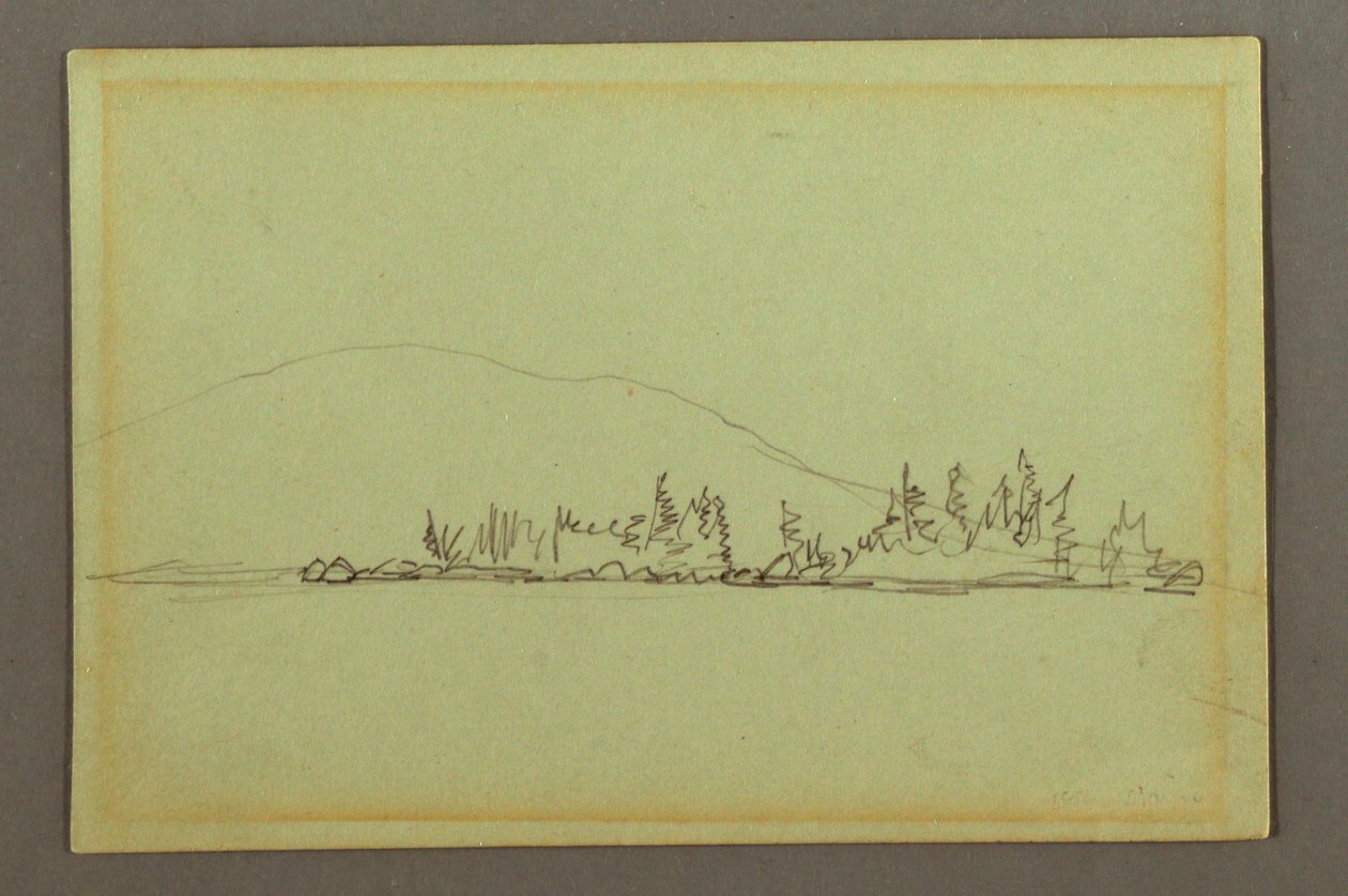 Rysunek, zalesiony brzeg, góry, prawdopodobnie 1856 r. autorstwa Frederic Edwin Church