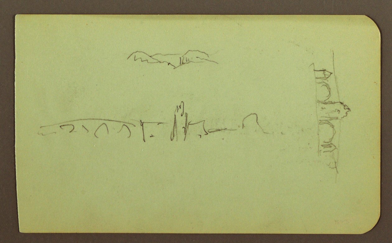 Rysunek, wzgórza, kościół, most; Verso: postać, krzyż, kościół, 1883 r. autorstwa Frederic Edwin Church