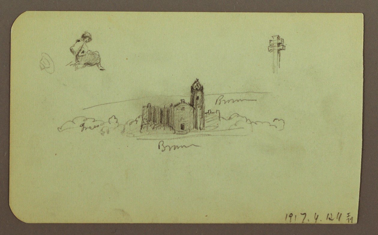 Rysunek, wzgórza, kościół, most; Verso: postać, krzyż, kościół, 1883 r. autorstwa Frederic Edwin Church