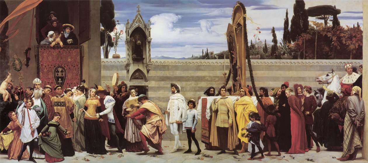 Sławna Madonna Cimabuego niesiona w procesji ulicami Florencji autorstwa Frederic Leighton