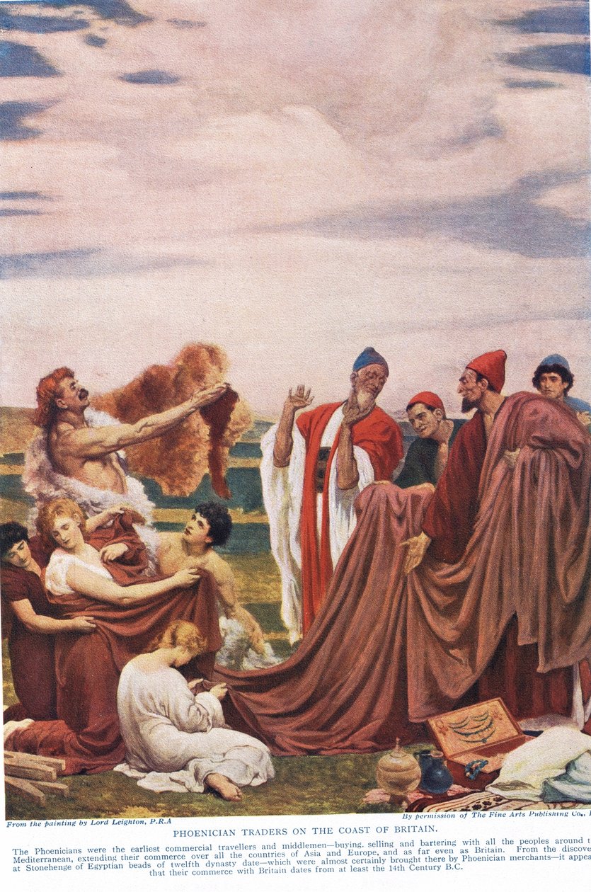 Fenicjanie handlujący z wczesnymi Brytyjczykami, ilustracja z „Historii narodów Hutchinsona” autorstwa Frederic Leighton