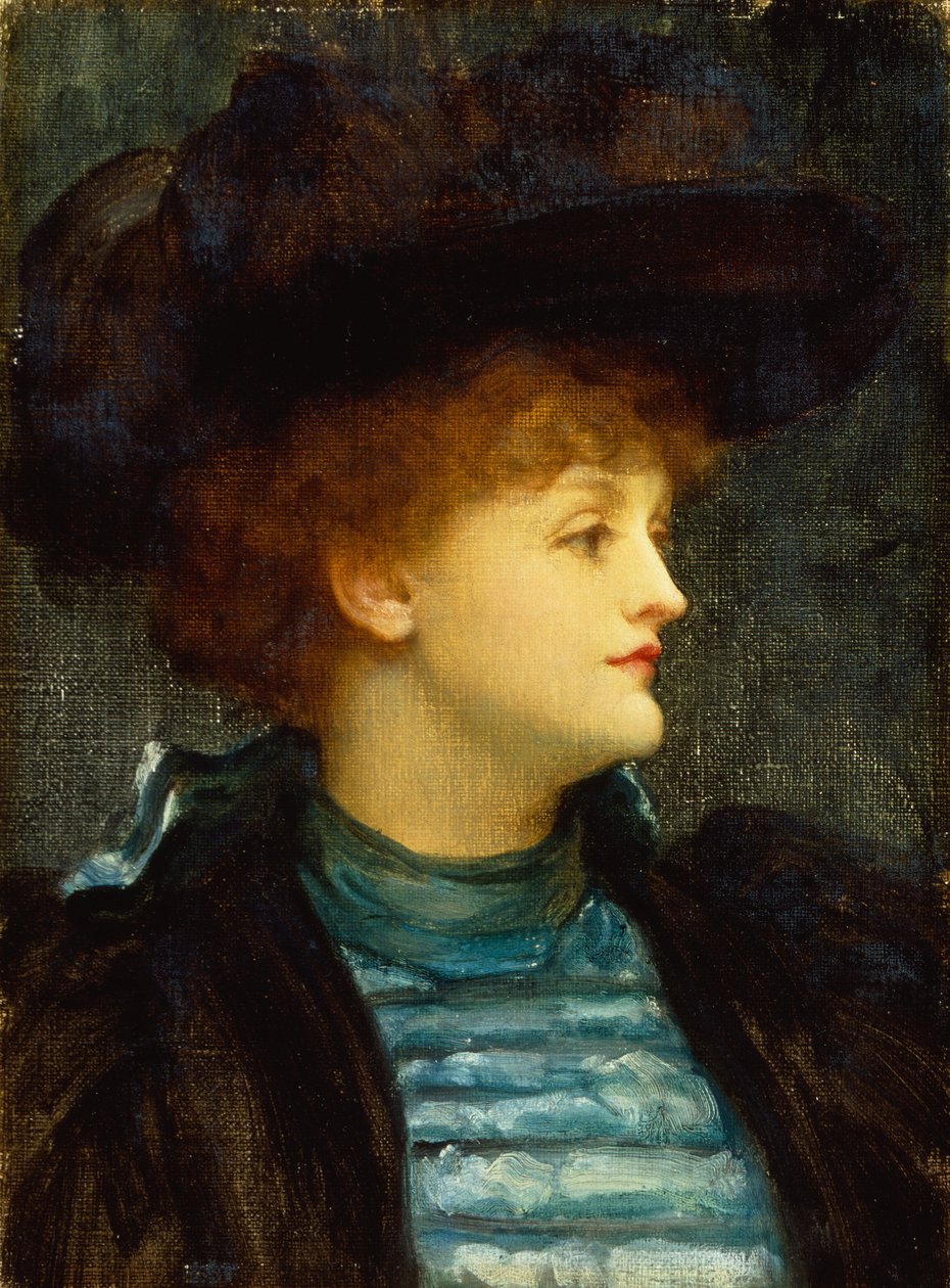 Portret kobiety w turkusowej sukience z czarnym płaszczem i kapeluszem (olej na płótnie) autorstwa Frederic Leighton