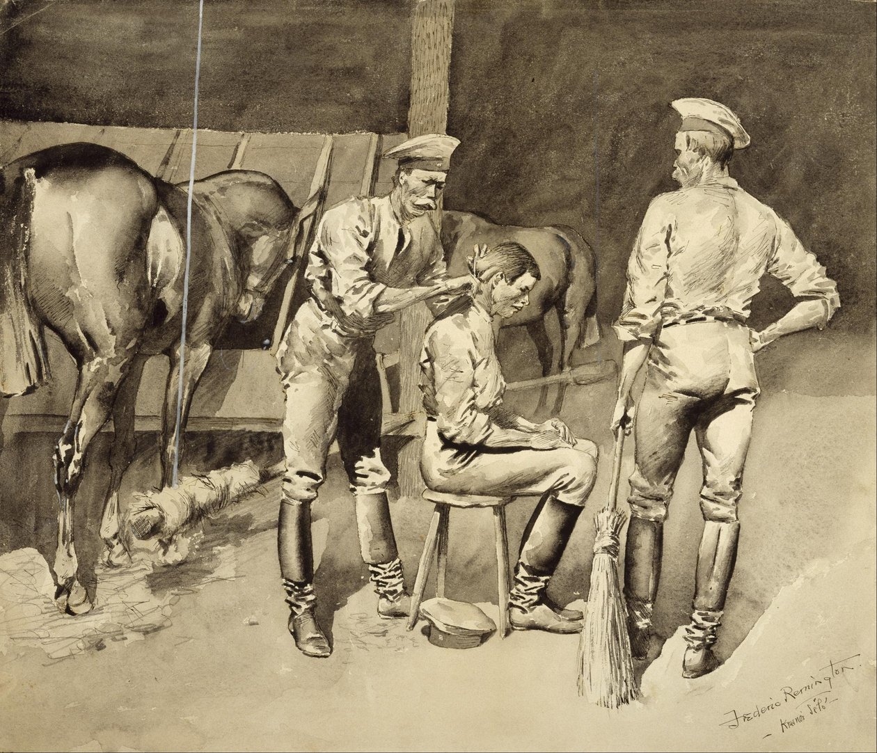 Strzyżenie w stajni kawalerii autorstwa Frederic Remington