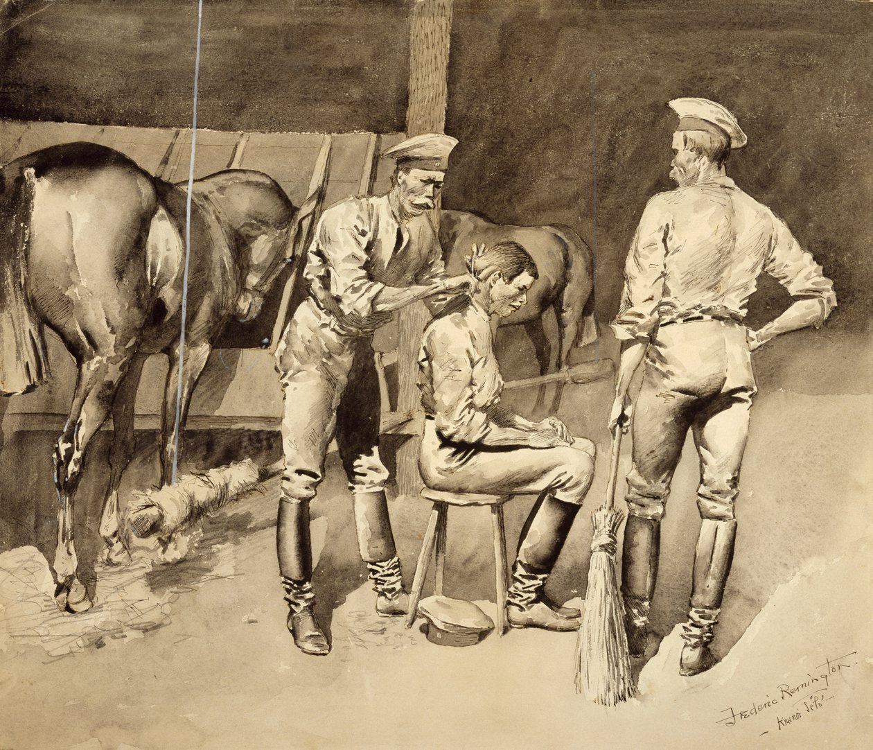Fryzura w stajni kawaleryjskiej, ok. 1893 (wc na papierze) autorstwa Frederic Remington