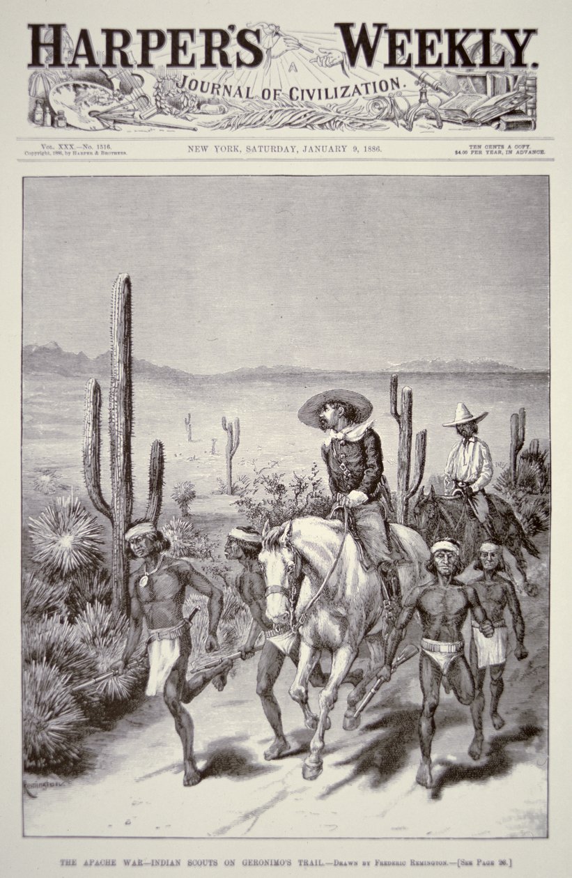 Apache Scouts prowadzą patrol wojskowy w pogoni za Geronimo (1829-1909) z „Tygodnika Harpera” 9 stycznia 1886 (lito) autorstwa Frederic Remington