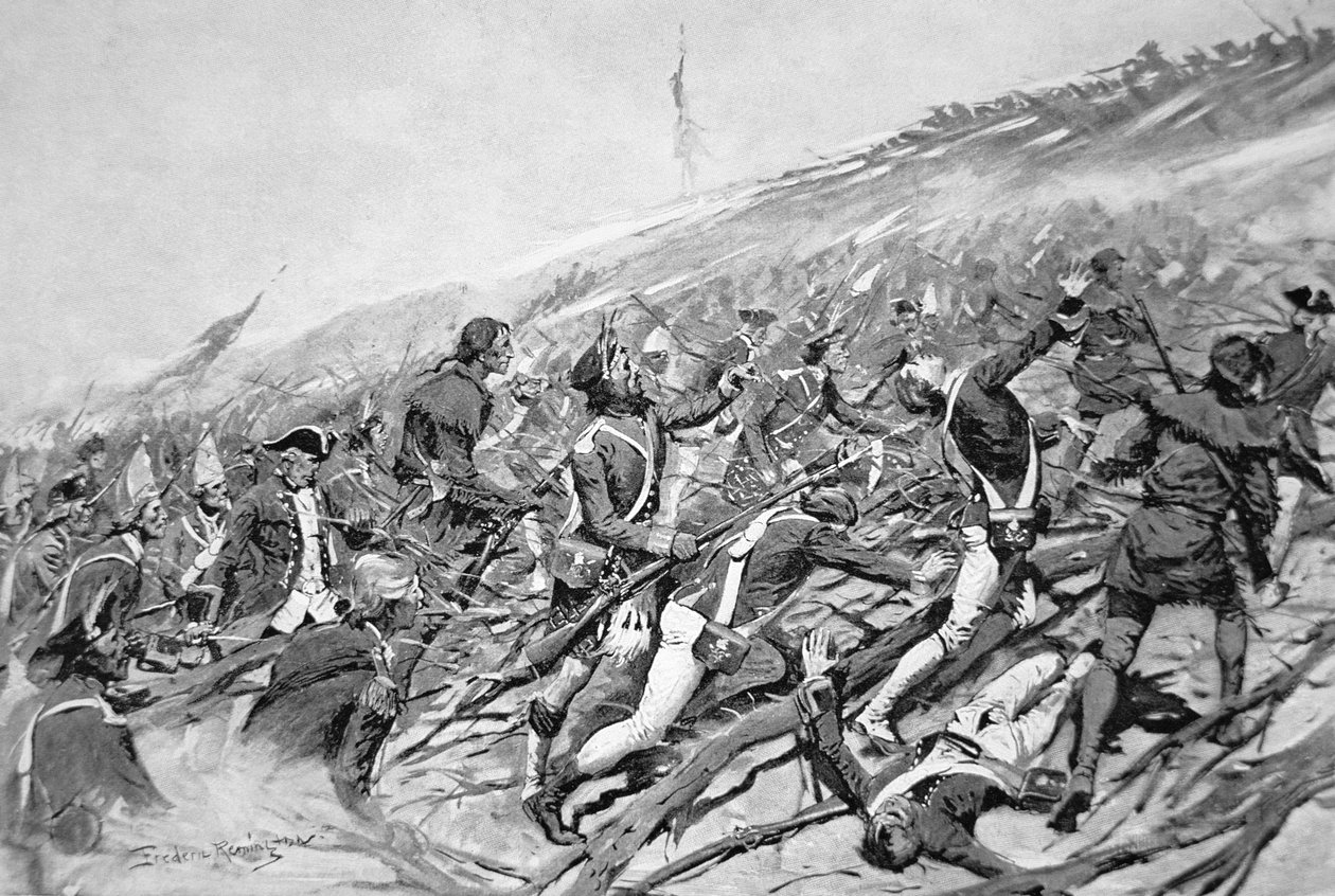 Siły brytyjskie próbują szturmować francuski fort Ticonderoga w 1758 roku (lito) autorstwa Frederic Remington