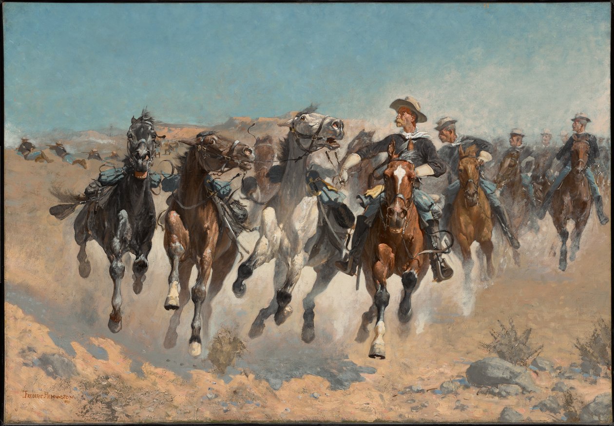 Zsiedli z koni: żołnierze czwartego pułku przemieszczają prowadzone konie autorstwa Frederic Remington