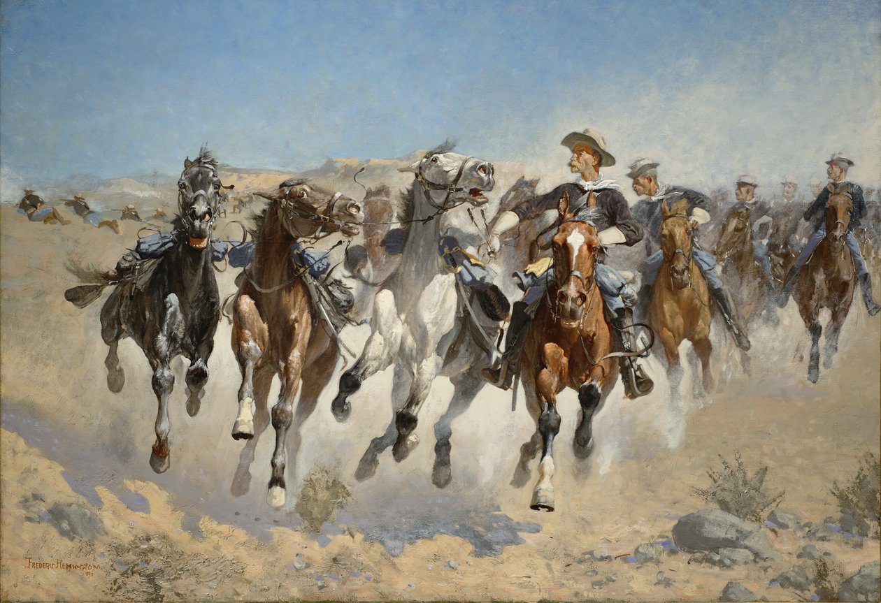 Zdemontowani: Czwarty żołnierze poruszający doprowadzonymi końmi, 1890 autorstwa Frederic Remington