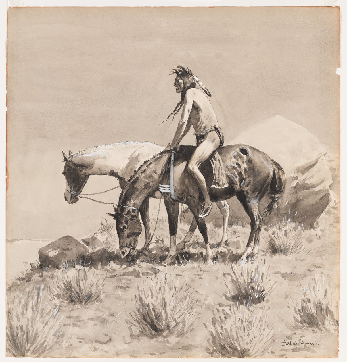 Przez długi czas stał, projekt dla The Droga Indianina, prawdopodobnie 1900 (tusz i biel kryjąca na papierze) autorstwa Frederic Remington