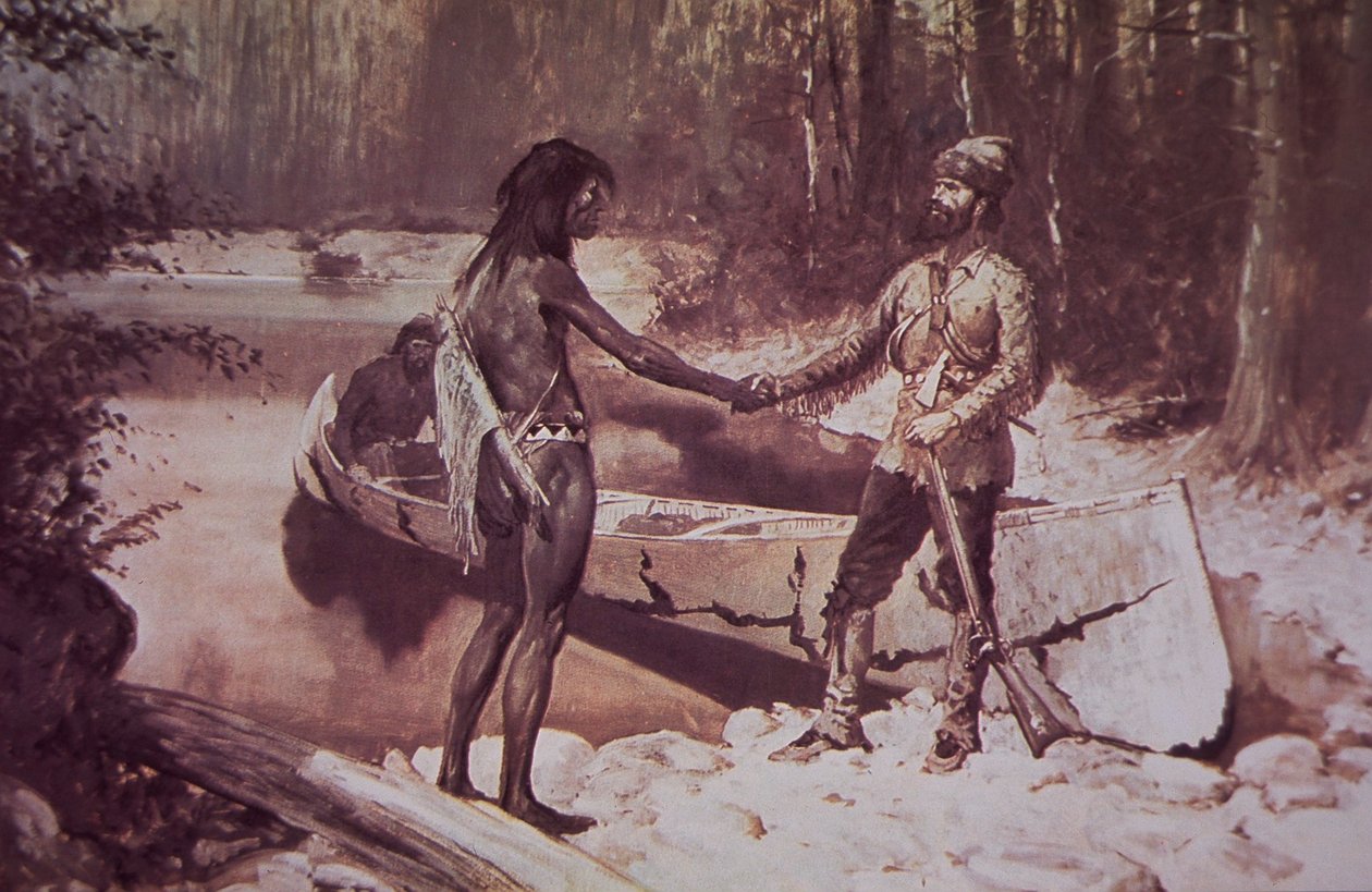 Futrzany traper francusko-kanadyjski robiący interesy z rdzennymi Amerykanami, koniec XIX wieku (kolor lito) autorstwa Frederic Remington