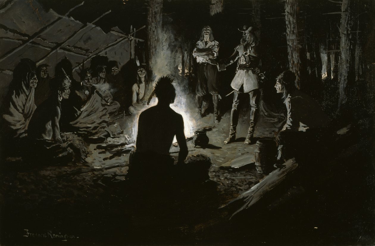 Rada odkrywców francuskich z Indianami (pod pożarem Rady Irokezów) ok. 1901 r. autorstwa Frederic Remington