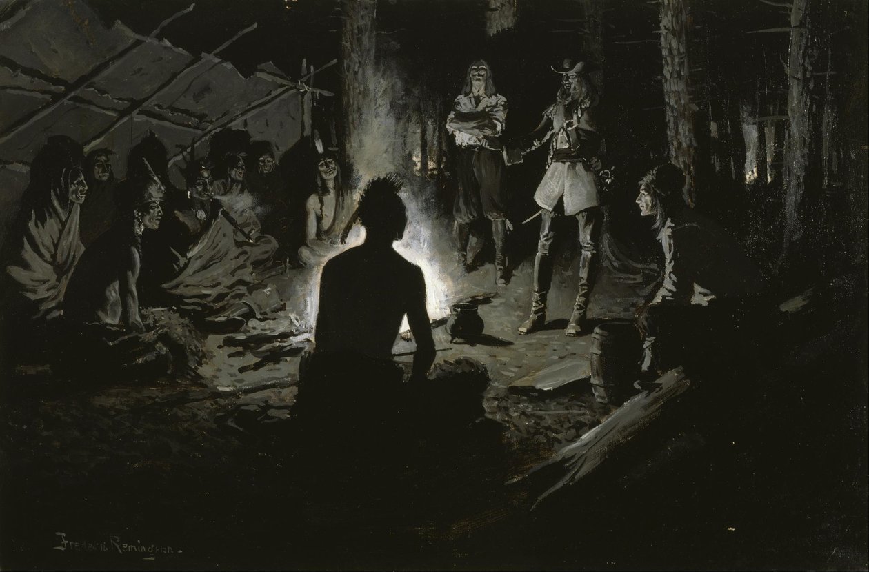 Rada francuskich odkrywców z Indianami autorstwa Frederic Remington