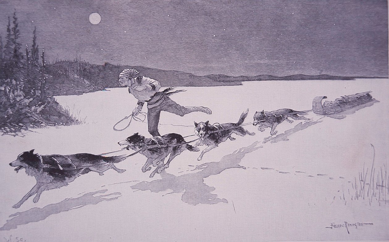 Francuski traper w Kanadzie z psami husky na zamarzniętym jeziorze autorstwa Frederic Remington