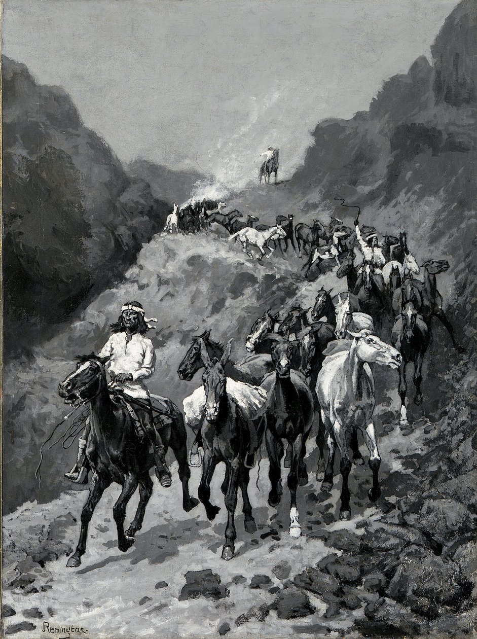 Geronimo i jego zespół powracający z najazdu do Meksyku (olej na płótnie) autorstwa Frederic Remington