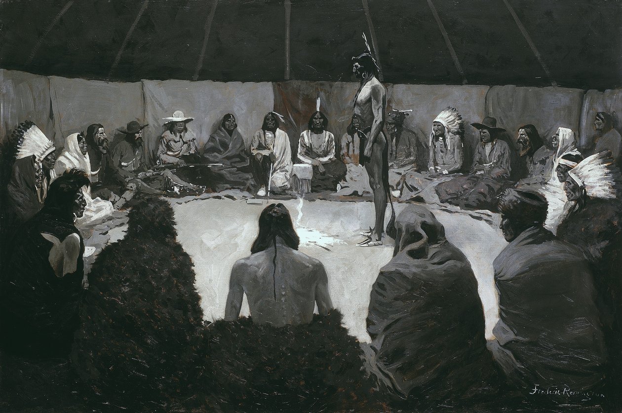 Powiem białemu człowiekowi, ok. 1900 (olej na płótnie) autorstwa Frederic Remington