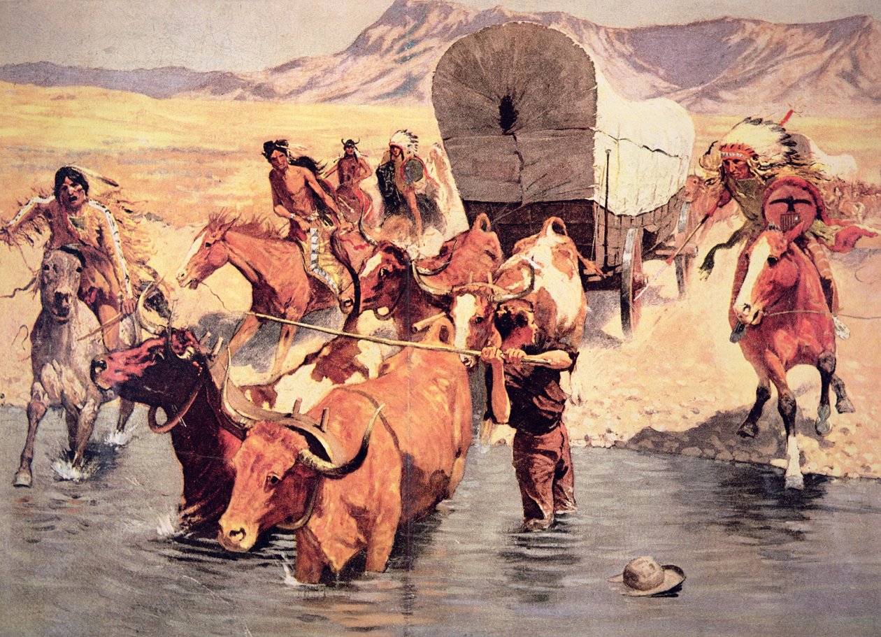 Indianie atakujący pociąg pionierski (olej na płótnie) autorstwa Frederic Remington