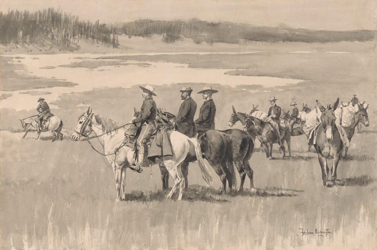 Na górnych wodach — Burgess. Szukanie forda, ca. 1893. autorstwa Frederic Remington