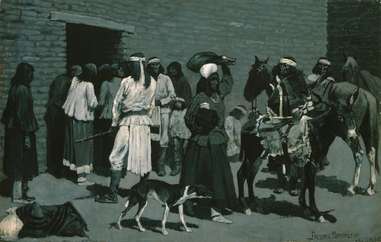 Indiańska wioska Pueblo (dystrybucja wołowiny w agencji San Carlos) ok. 1889 r. autorstwa Frederic Remington