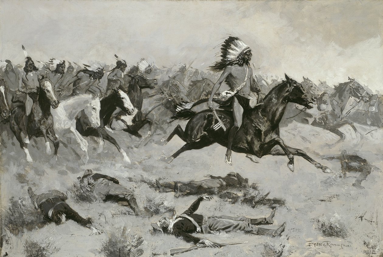 Pędzące czerwone loże przeszły przez linię, ok. 1900 autorstwa Frederic Remington