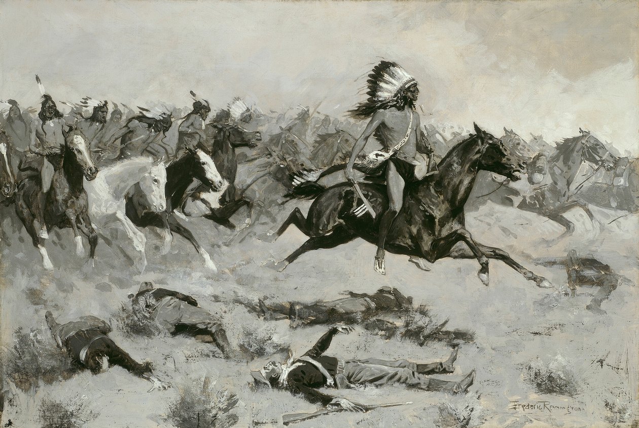 Pędzące czerwone loże przeszły przez linię, ok. godz. 1900. autorstwa Frederic Remington