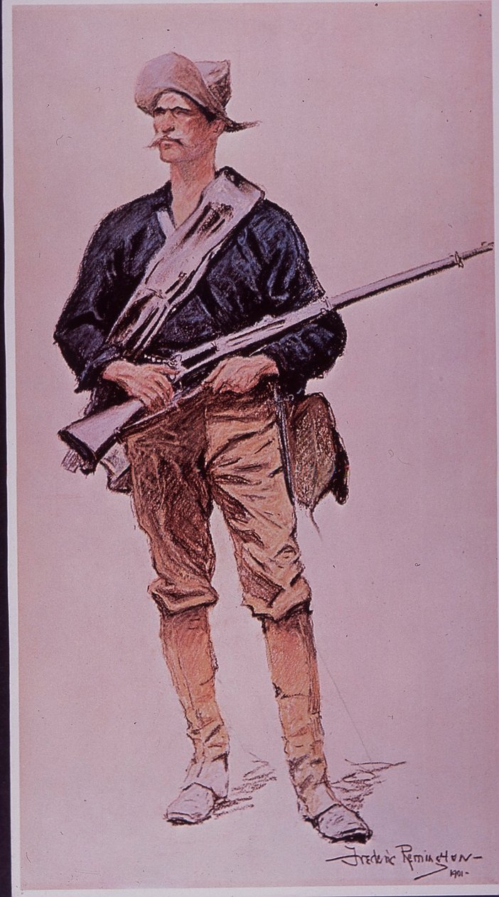 Wojna hiszpańsko-amerykańska 1898, amerykański piechota uzbrojony w karabin magazynowy Krag-Jorgensen autorstwa Frederic Remington