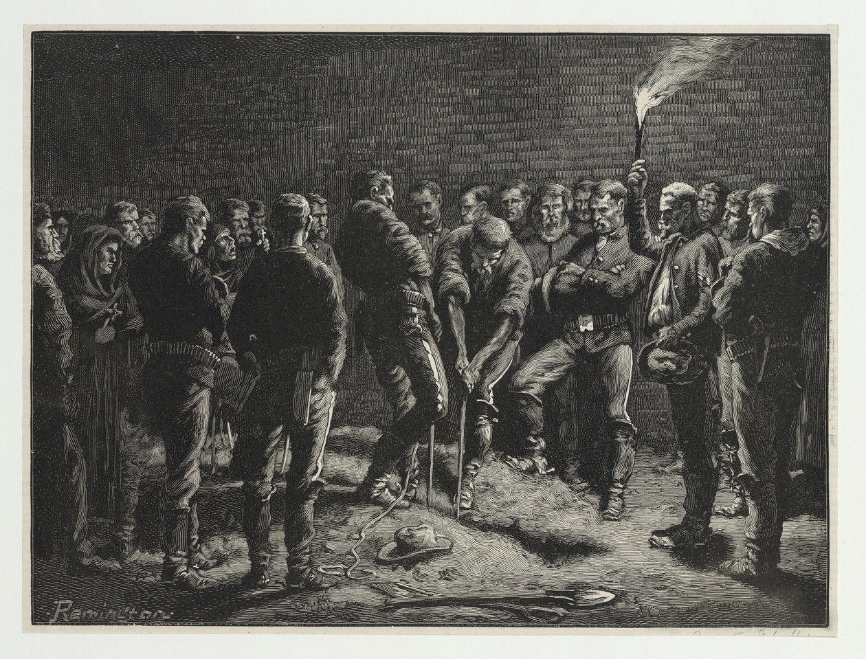 Kampania Apaczów - pochówek ludzi Hatfieldów, z Harpers Weekly, pub. 1886 autorstwa Frederic Remington