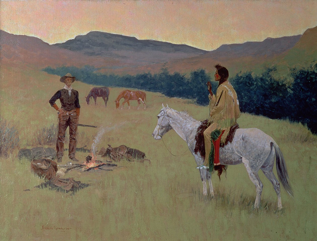 Rozmowa, czyli wątpliwa firma (olej na płótnie) autorstwa Frederic Remington
