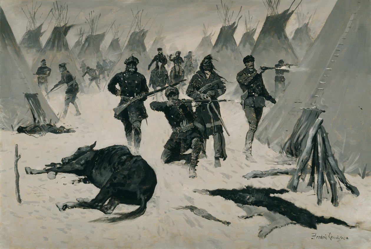 Porażka Szalonego Konia (Porażka Szalonego Konia pułkownika Milesa, styczeń 1877, Zimowy atak na wioskę indiańską) ok. 1901, prawdopodobnie ok. 1896 autorstwa Frederic Remington