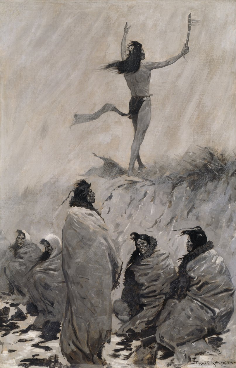 Pożeracz ognia wzniósł ręce do ptaka grzmotu autorstwa Frederic Remington