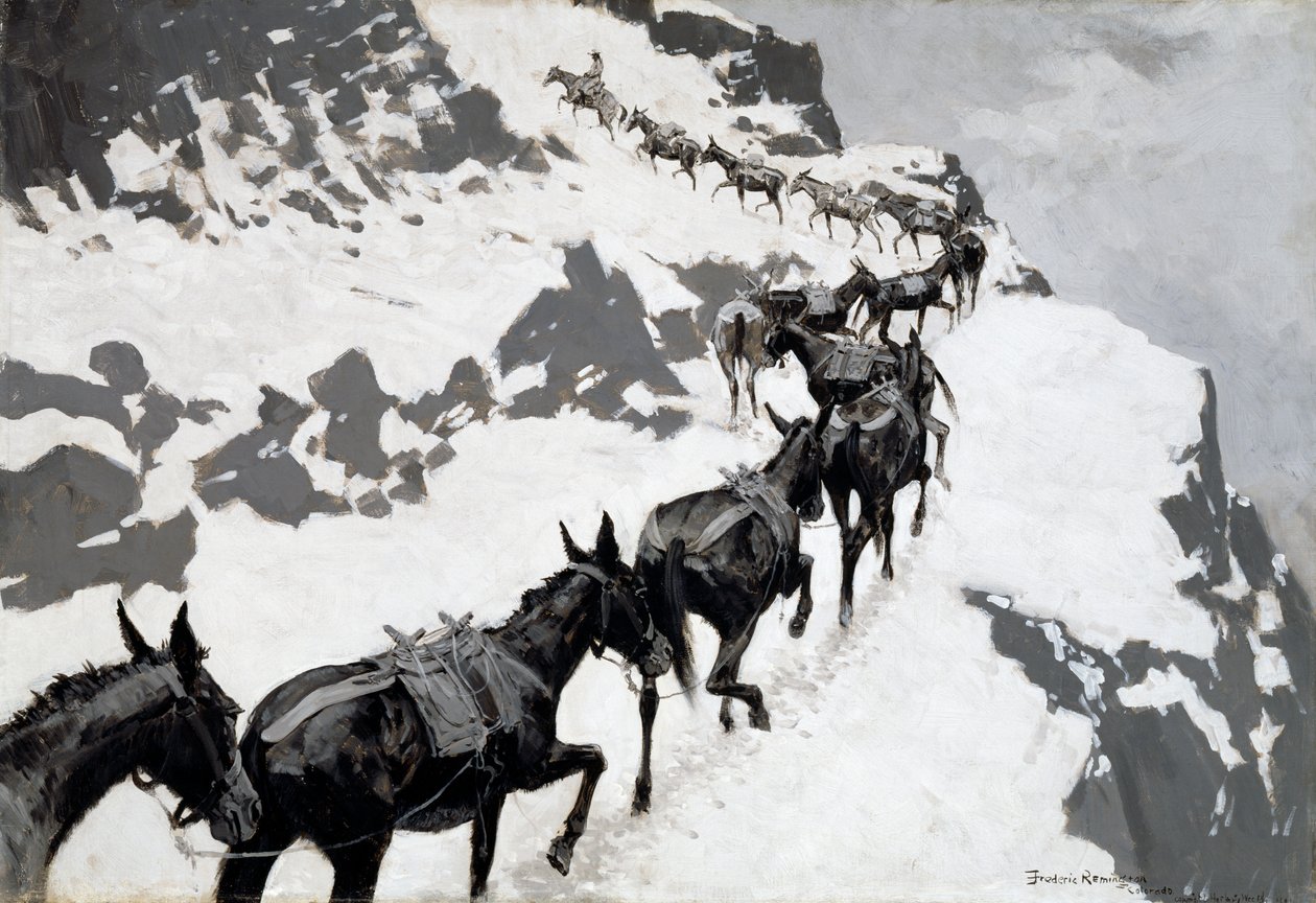 Pakiet muła (pociąg z rudą jadący do kopalni srebra w stanie Kolorado) 1901 autorstwa Frederic Remington