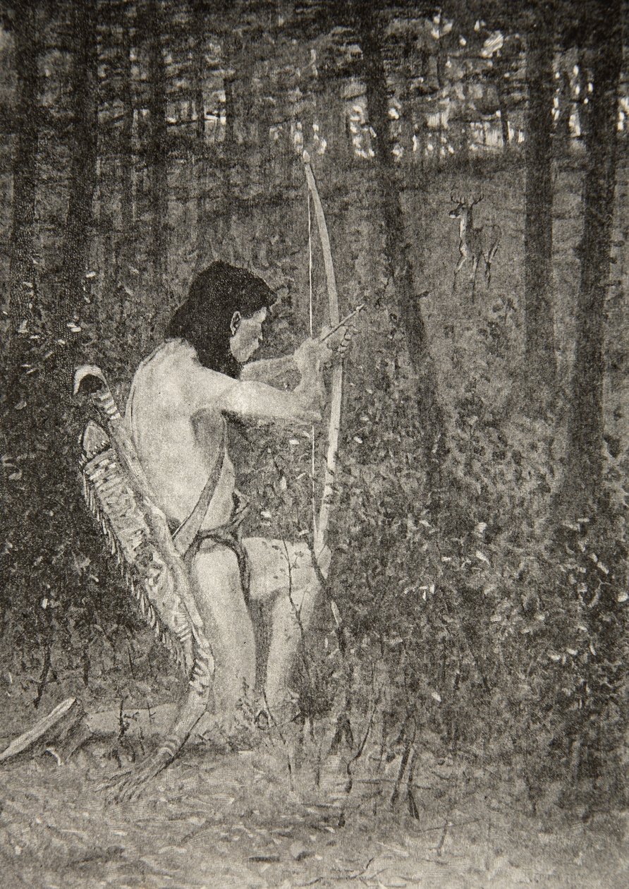 Wtedy, na jednym kolanie powstając, Hiawatha wycelował strzałę, z Pieśni o Hiawatha Henry Wadsworth Longfellow (1807-82), opublikowanej przez George G. Harrap und Company Ltd., 1911 autorstwa Frederic Remington