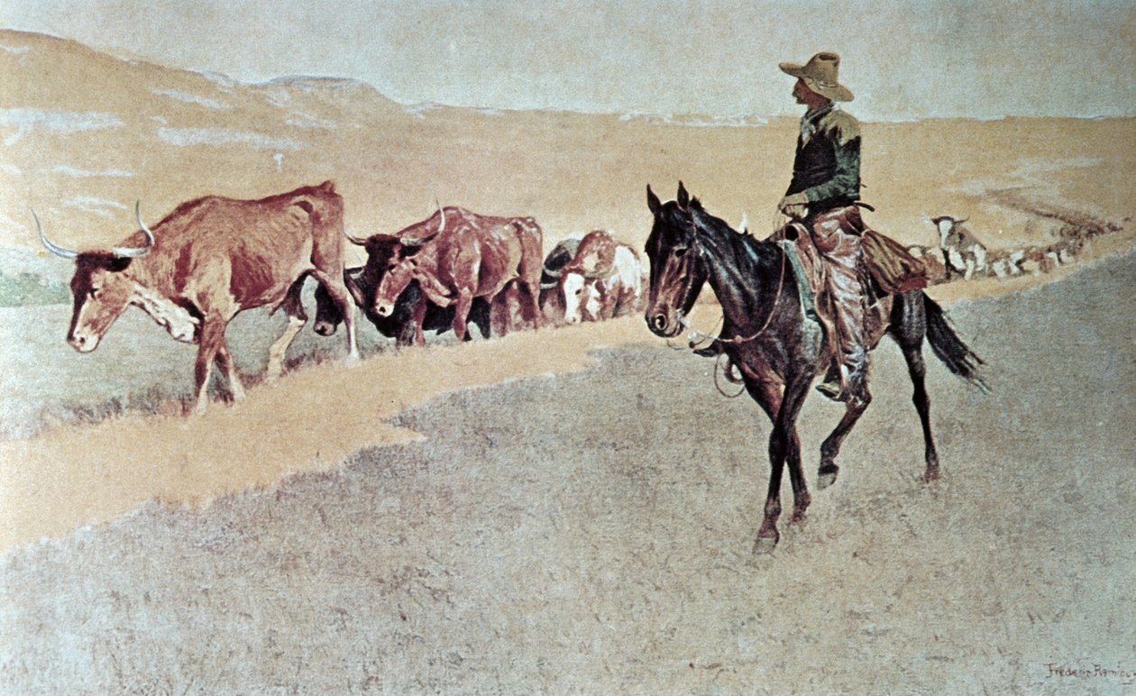 Trailing Texas Longhorns (olej na płótnie) autorstwa Frederic Remington