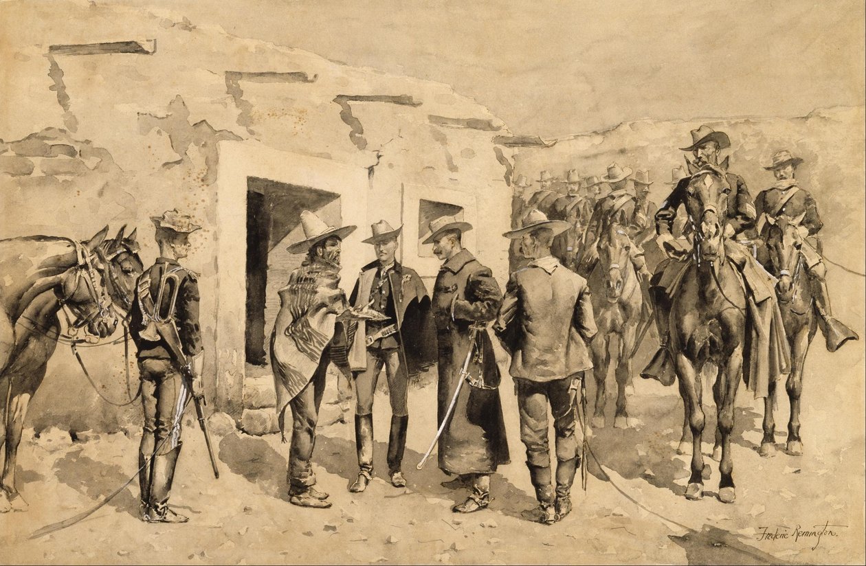Amerykańska kawaleria ściga ludzi z plemienia Garza nad rzeką Rio Grande autorstwa Frederic Remington