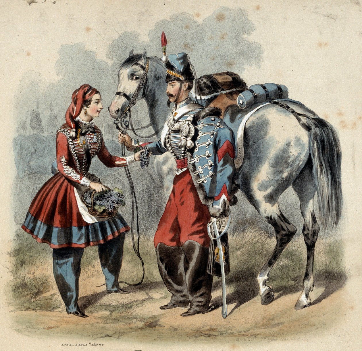 Armia francuska i jej kantyniery: Hussard i cantiniere de trupe de line. Grawerowanie Fryderyka Sorrieu (1807 -? ) autorstwa Frederic Sorrieu