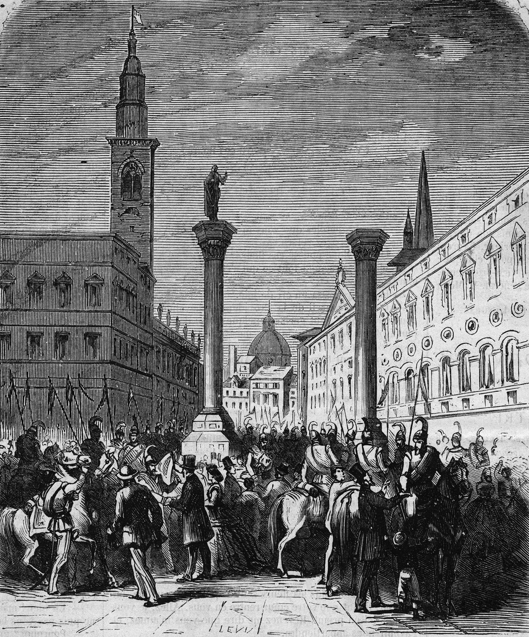 Kawaleria Królestwa Włoch zajmująca Piazza dei Signori w Vicenzy, wyzwolona od Austriaków w 1866 r. Rycina z rysunku Lixa. W „” L