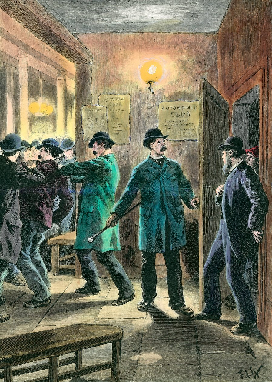 Anarchiści w Anglii: policja aresztuje w londyńskim klubie autonomistów Grawerowanie Frederica Lixa (1830-1897) XIX-wieczna kolekcja prywatna autorstwa Frederic Theodore Lix