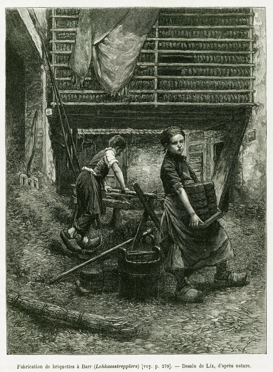 Praca dzieci przy brykietowaniu, Barr. Grawerowanie autorstwa Lixa, ilustrujące opowiadanie „Przez Alzację i Lotaryngię”, w 1887 r., autorstwa Charlesa Grada, niemieckiego zastępcy, w tour du monde 1888, w reżyserii Edouarda Chartona (1807-1890), Hachette, autorstwa Frederic Theodore Lix