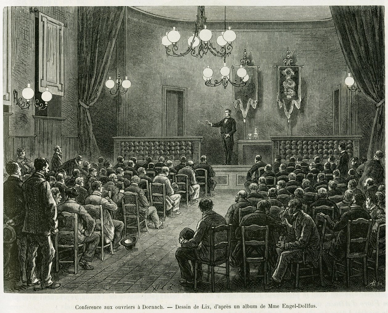 Konferencja dla pracowników warsztatów Dollfus Mieg w Dornach. Grawerowanie autorstwa Lixa ilustrujące opowiadanie A Through Alsace and Lorraine, Charlesa Grada, niemieckiego zastępcy, w 1885, w tour du monde 1886, reżyseria Edouard Charton (1807-1890), Ha autorstwa Frederic Theodore Lix