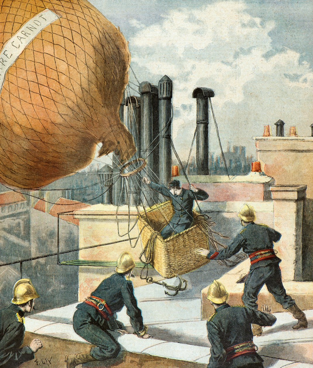 Strażacy ratują mężczyznę w balonie autorstwa Frederic Theodore Lix