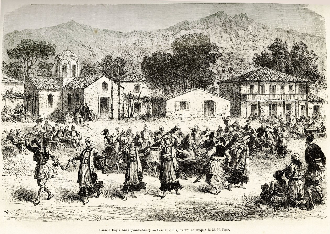 Taniec ludowy na wiejskim placu Haggia Anna (św. Anny). Grawer na podstawie rysunku Lixa, ilustrujący podróż w Grecji, Henri Belle, w latach 1861-1868-1874, opublikowany w „Le tour du monde”” 1876, red. Edouard Charton, wyd. Hachette, Paryż autorstwa Frederic Theodore Lix