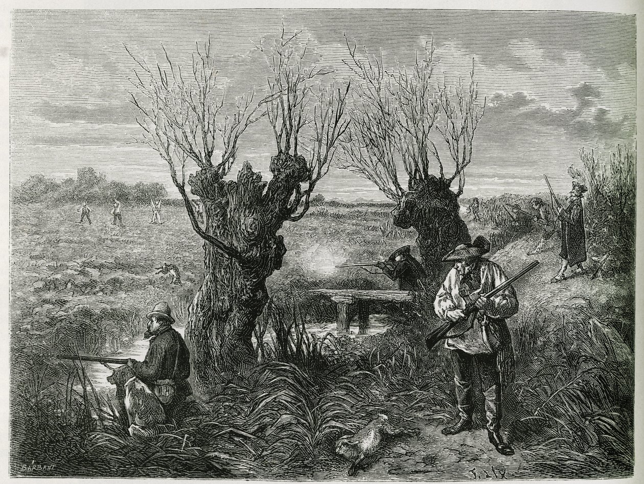 Poluj na zająca. Grawerowanie F.Lixa, aby zilustrować historię „Przez Alzację i Lotaryngię””, w 1884 r., Charles Grad autorstwa Frederic Theodore Lix