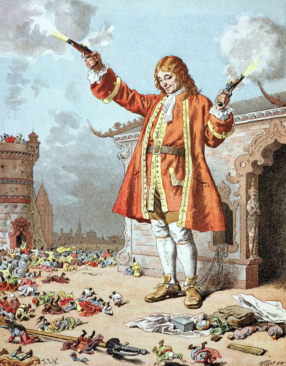 „Wszyscy upadli do tyłu, jakby uderzył ich piorun”, ilustracja z „Podróży Guliwera” Jonathana Swifta (1667-1745) autorstwa Frederic Theodore Lix