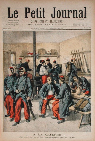W koszarach, Przygotowanie do manewrów na śniegu, ilustracja z Le Petit Journal, 17 marca 1895 r. autorstwa Frederic Theodore Lix