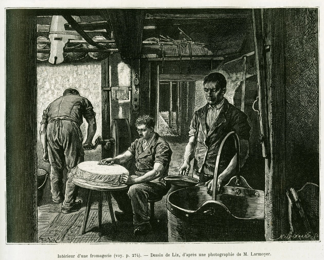 Wewnątrz fabryki sera. Grawerowanie autorstwa Lixa, ilustrujące opowiadanie A Through Alsace and Lorraine, autorstwa Charlesa Grada, niemieckiego zastępcy, w 1885 roku, w tour du monde 1887, pod kierunkiem Edouarda Chartona (1807-1890), Hachette, Paryż. autorstwa Frederic Theodore Lix