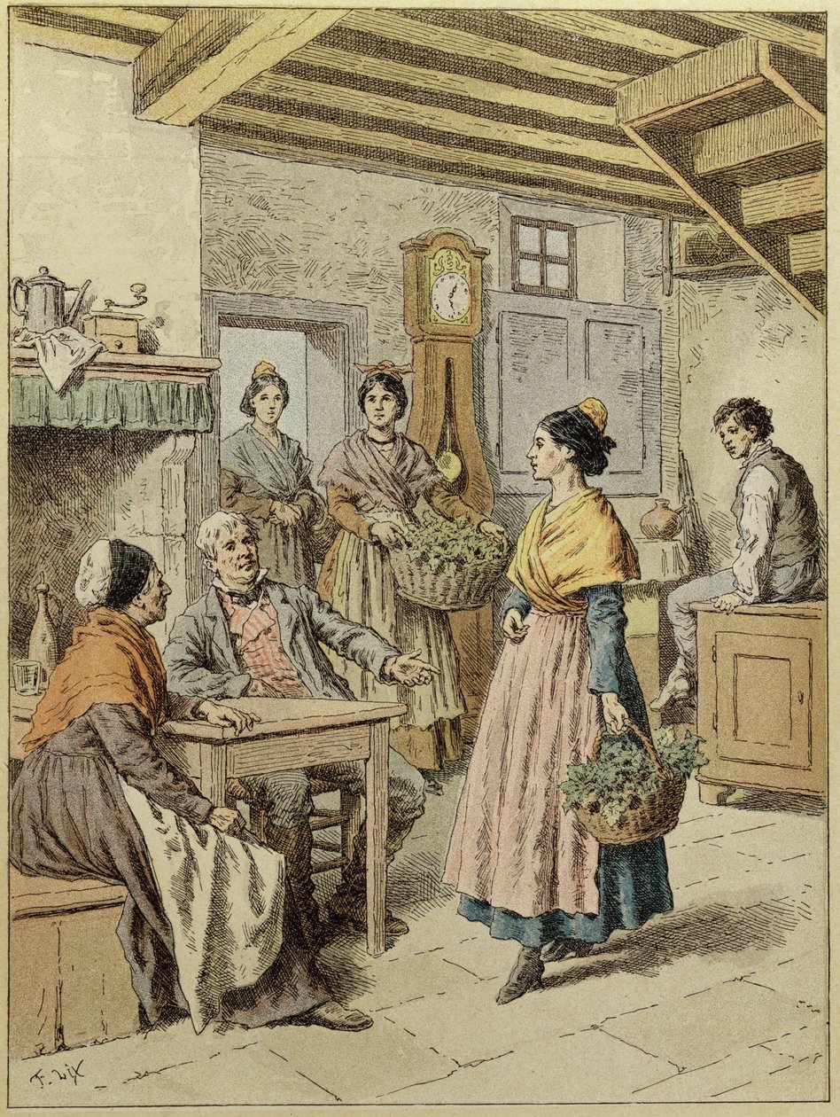 Wnętrze wiejskiego domu w Prowansji, 1901 (kolor grawerowany) autorstwa Frederic Theodore Lix