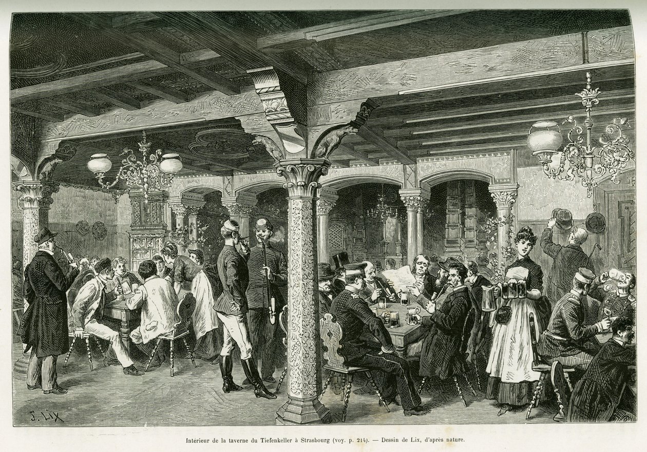 Wnętrze tawerny Tiefenkeller w Strasburgu. Grawerowanie autorstwa Lixa, ilustrujące opowiadanie „Przez Alzację i Lotaryngię”, w 1887 r., autorstwa Charlesa Grada, niemieckiego zastępcy, w tour du monde 1888, w reżyserii Edouarda Chartona (1807-1890), Hache autorstwa Frederic Theodore Lix